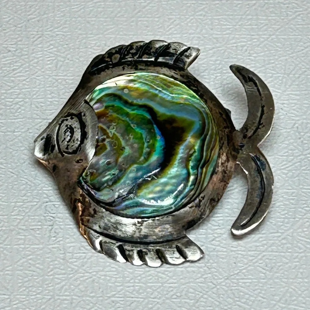 Vintage Taxco Mexico Sterling Silver 925 Abalone Shell Inlay Fish Pin Brooch